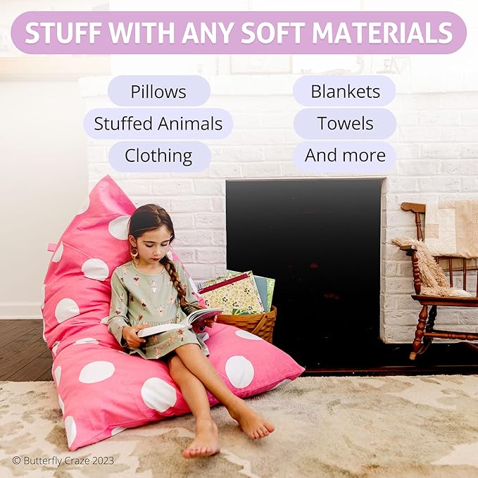 Butterfly Craze Bean Bag Chair Cover, Functional Toddler Toy Organizer, Fill with Stuffed Animals to Create a Jumbo, Comfy Floor Lounger for Boys or Girls, Stuffing Not Included, Pink Polka Dots