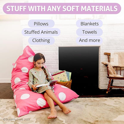 Butterfly Craze Bean Bag Chair Cover, Functional Toddler Toy Organizer, Fill with Stuffed Animals to Create a Jumbo, Comfy Floor Lounger for Boys or Girls, Stuffing Not Included, Pink Polka Dots