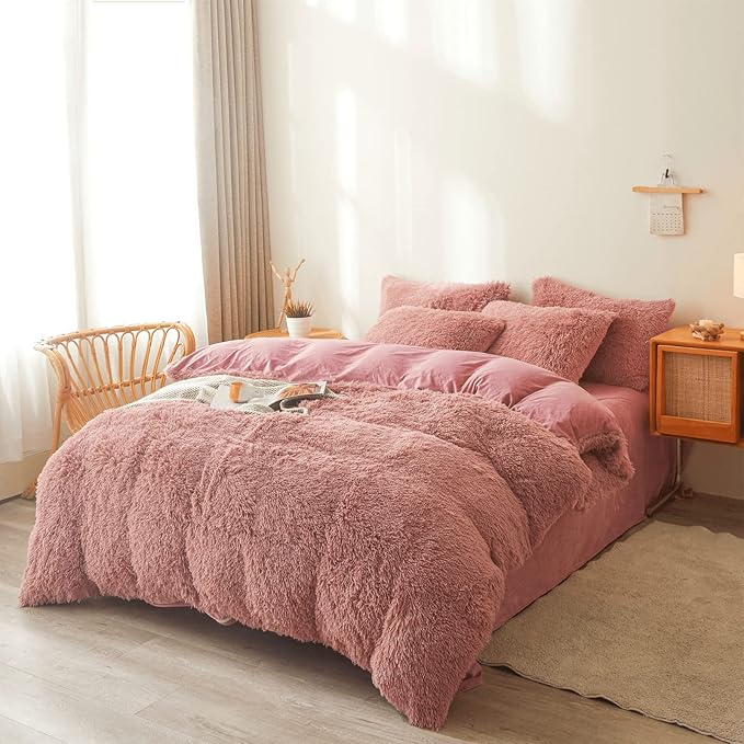 Fluffy old pink comforters Cover twin size - Ultra Soft Plush old pink bedding Sets 2 Pieces (1 faux fur comforter Cover + 1 fuzzy pillow case) girls shaggy old pink twin bed set (Old Pink, Twin)