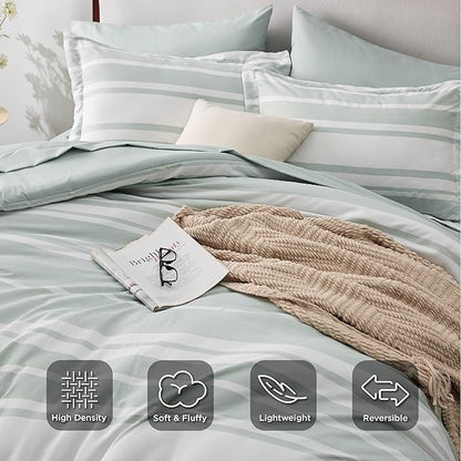 Bedsure Bed in a Bag King Size 7 Pieces, Sage Green White Striped Bedding Comforter Sets All Season Bed Set, 2 Pillow Shams, Flat Sheet, Fitted Sheet and 2 Pillowcases