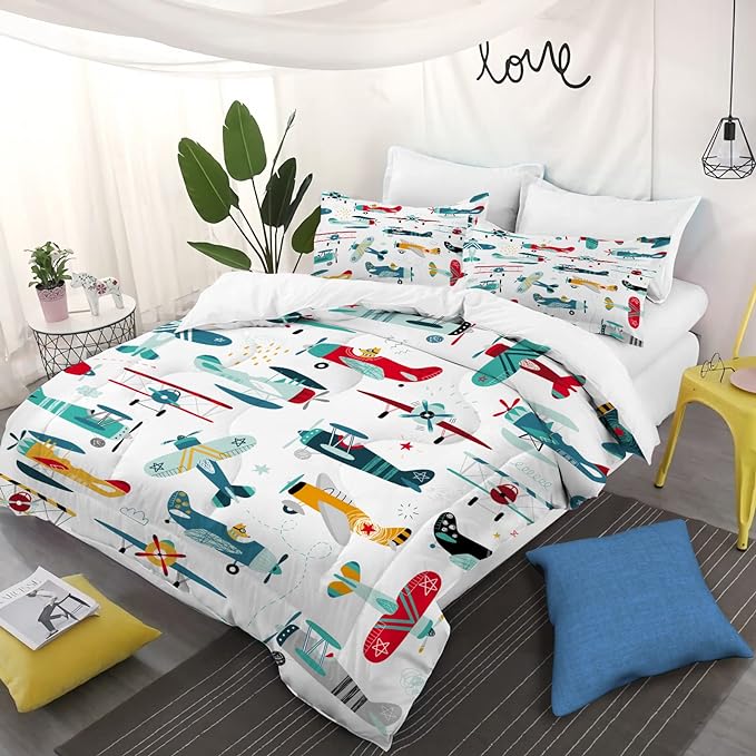 Kids Airplane Comforter Set Twin Size Colorful Cartoon propeller plane Bedding Set Kids Boys Teens Young Man Cartoon Airplanes Down Comforter Aviation Theme Duvet Bedroom Decor