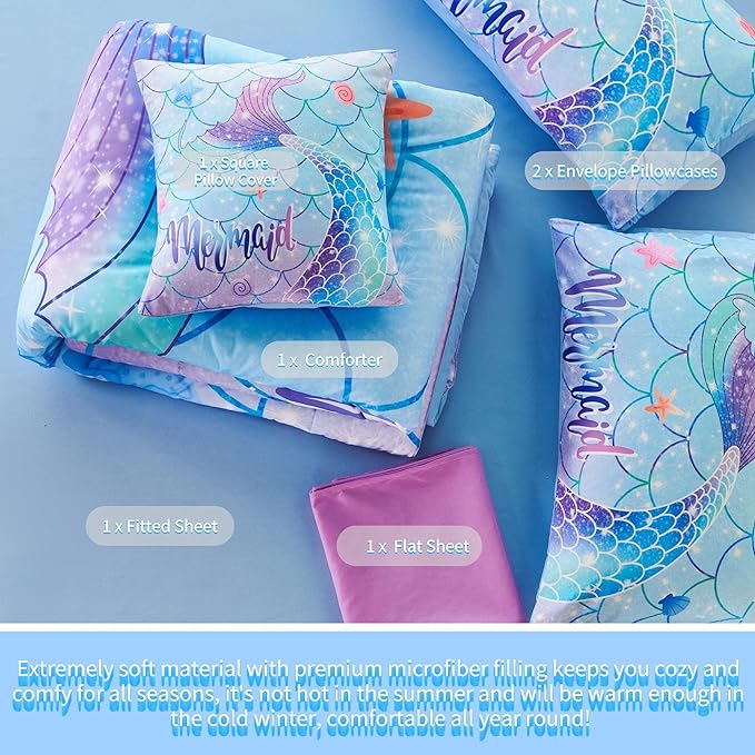 RYNGHIPY 6Pcs Mermaid Tail Comforter Set for Kids Girls, Mermaid Fish Scale Bed in a Bag Queen Size, Sparkle Teal Purple Rainbow Bedroom Decor Bedding Set