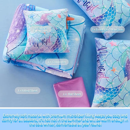 RYNGHIPY 6Pcs Mermaid Tail Comforter Set for Kids Girls, Mermaid Fish Scale Bed in a Bag Queen Size, Sparkle Teal Purple Rainbow Bedroom Decor Bedding Set