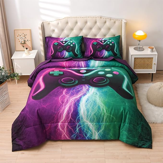 Meeting Story Gamer Gaming Bedding Sets Black Pink Lightnings Gamepad Comforter Set for Boys Games Console Action Buttons Novelty Colorful Modern Room Decor Home Quilt Set (Green-Purple, Twin 5Pcs)