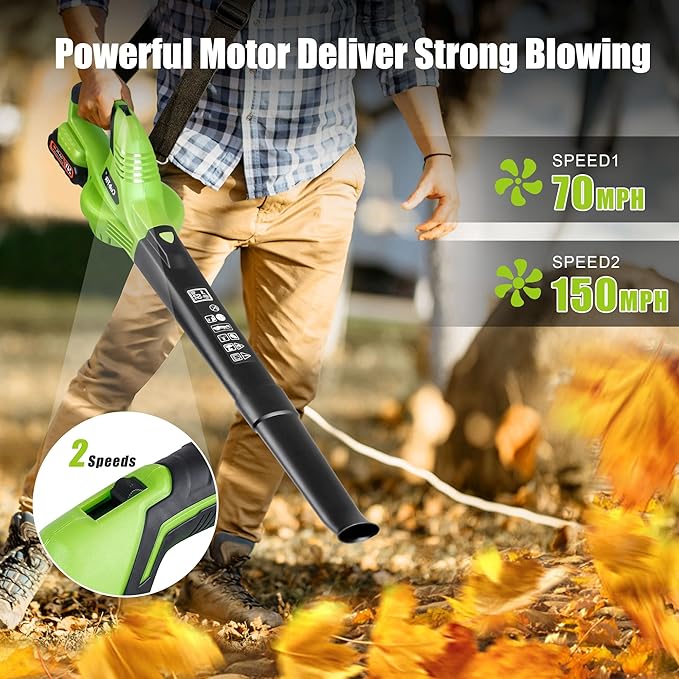 Cordless Leaf Blower 20V Handheld Electric Leaf Blower with 2x2.0AH Batteries and Fast Charger for Lawn Care, Patio, Garden, Snow(only for small jobs)