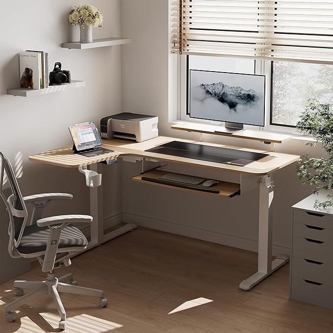 EUREKA ERGONOMIC Standing Desk Adjustable Height 61" Electric Sit Stand Computer Desk L Shaped with Keyboard Tray,Monitor Stand &LED, Dual Motor Memory Presets Sit to Desk Adjustable Desk, Left/Maple