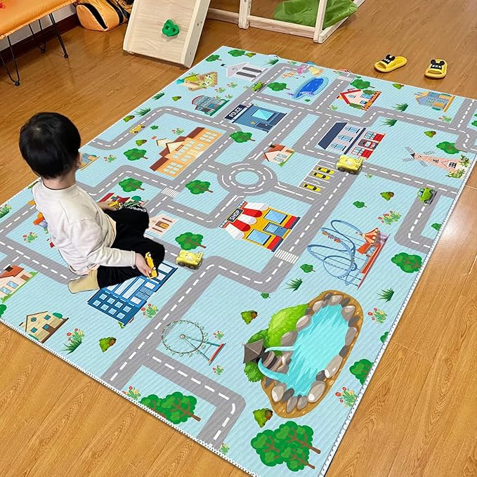 Kids Car Rug,4x6 City Life Traffic Road Playmat for Toy Cars Trains, Non-Slip Race Track Carpet Educational Fun Area Rugs for Boy and Girl Bedroom Nursery