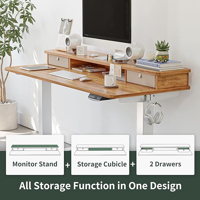 FEZIBO 40 x 24 Inch Height Adjustable Electric Standing Desk with Double Drawer, Stand Up Desk with Storage Shelf, Sit Stand Desk, Light Rustic
