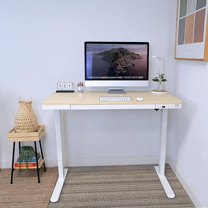 Mount-It! 47.2" Wide x 28.3" Deep Electric Height Adjustable Desk, Ergonomic Standing Workspace, Height Adjustment up to 46.5" Tall, Large Desktop, USB Ports, Drawer, Home Office, White, Maple Top