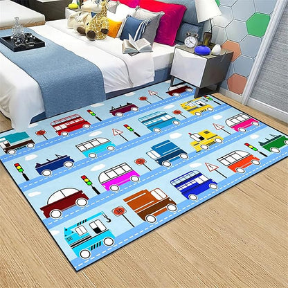 Car Rug Car Play Mat Kids Rugs for Playroom Car Rug Play Mat Rugs for Boys Bedroom Car Carpet for Kids Play Rug for Cars and Trucks Car Rug for Boys Room,Light Blue 2'5''×4'