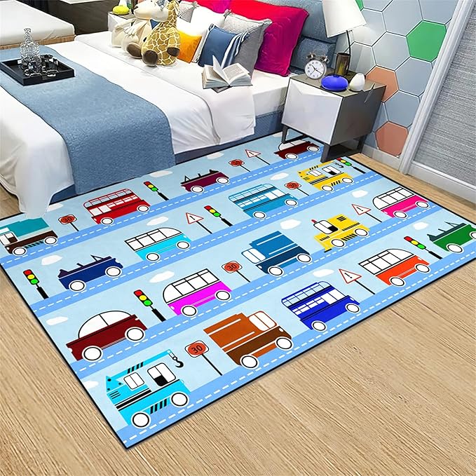 Car Rug Car Play Mat Kids Rugs for Playroom Car Rug Play Mat Rugs for Boys Bedroom Car Carpet for Kids Play Rug for Cars and Trucks Car Rug for Boys Room,Light Blue 3'×5'