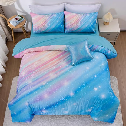 Btargot Super Soft 6 Pieces Gradient Star Ring Comforter Set, Colorful Glitter Rainbow Star Pattern Bedding Set for Boys Girls Teens, Twin Light Blue