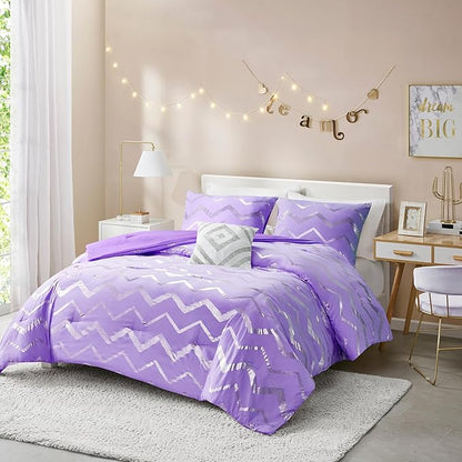 Codi Purple Comforter Set Full - Metallic Silver and Lavender Bedding Sets Queen Size - 4 Piece Set for Girls, includes 1 Comforter, 1 Decorative Pillow, 2 Pillow Cases - All Season Warm