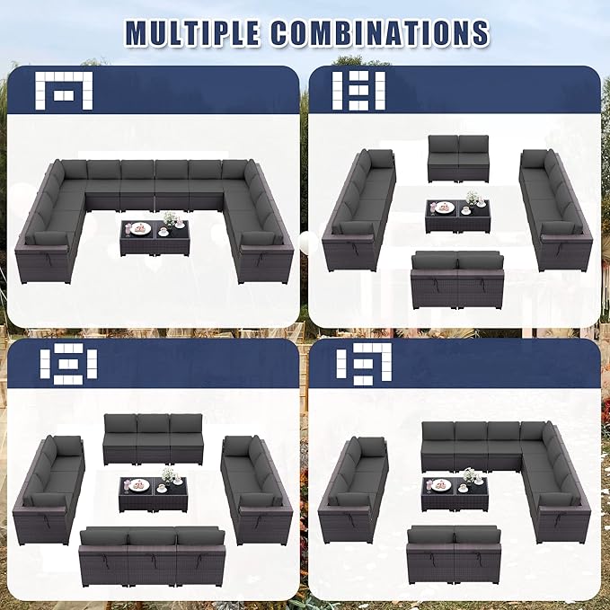 Patio Furniture Set 14-Pieces Outdoor Furniture for Backyard Wicker Sectional Sofa Set, Rattan Patio Conversation Set with Thickened Cushions and Glass Coffee Table, Grey