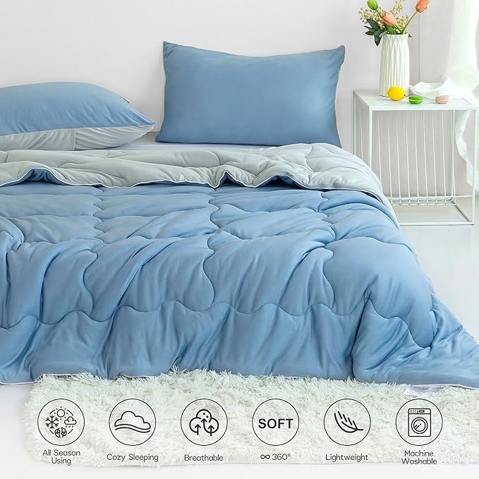 COTTEBED Reversible Light Blue and Grey Bed Comforter Twin Set, Jersey Knit T-Shirt Feel Ultra-Soft Lightweight Bedding Blanket Quilt & Pillowcase for Kid Boy Girl College Dorm All Season(Twin/TwinXL)