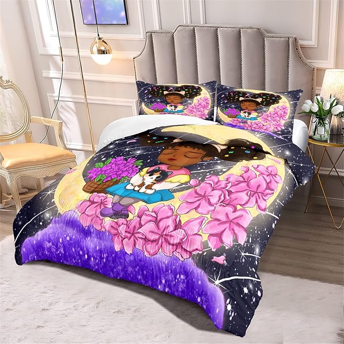 African American Girls Comforter Set Full Size for Girls Bedroom Full Size Afro Girls Bedding Sets for Girls Lovely Black Girls Comforter Set Cute Princess Bedding Set, 1 Comforter + 2 Pillowcases