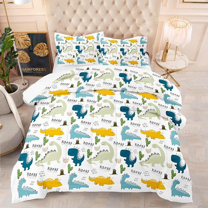 NINENINE Dinosaur Bedding Set for Kids,Twin Comforter Sets for Kids Boys,Blue Dinosaur Comforter Sets Cute Bed Set with 1 Comforter 1 Pillowcase