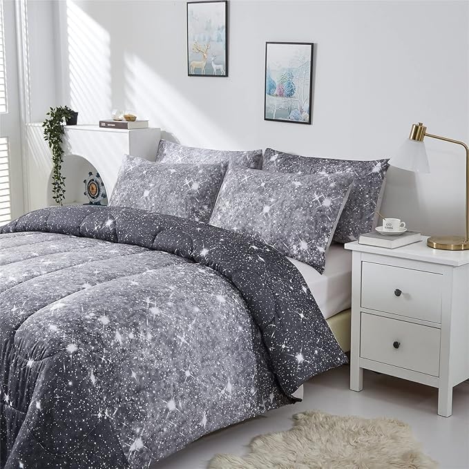 Grey Glitter Comforter Set Twin Size for Boys Teen, Sparkle Galaxy Twinkle Starlight Comforter for Kids Adult, 2 Piece Black Grey Ombre Bedding Set with 1 Pillow Case(Grey,Twin)