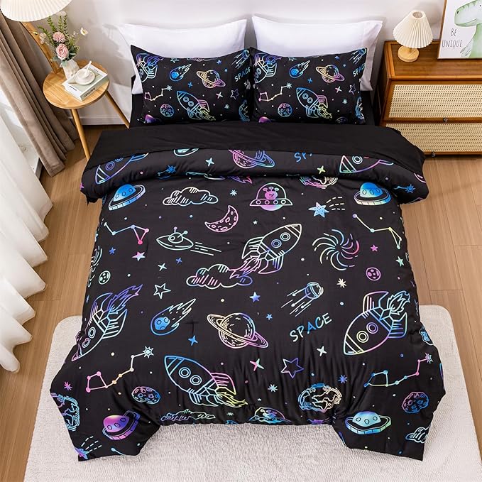 Aimuan Space Comforter Twin Set Kids Rocket Bedding Set Super Soft & Cute Aliens UFO Printed for Boys Girls Teen (Black, Twin 5Pcs)