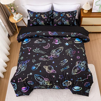 Aimuan Space Comforter Twin Set Kids Rocket Bedding Set Super Soft & Cute Aliens UFO Printed for Boys Girls Teen (Black, Twin 5Pcs)