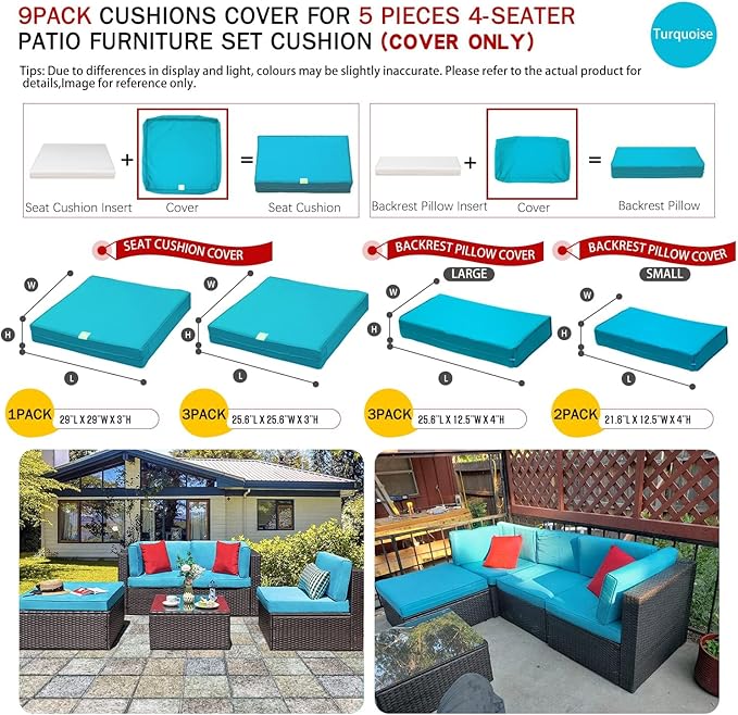 ClawsCover 9Pack Outdoor Seat and Back Cushions Replacement Covers Fit for 5 Pieces 4-Seater Wicker Rattan Patio Conversation Set Sectional Couch Furniture,Turquoise-Include Covers Only