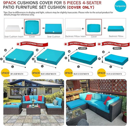 ClawsCover 9Pack Outdoor Seat and Back Cushions Replacement Covers Fit for 5 Pieces 4-Seater Wicker Rattan Patio Conversation Set Sectional Couch Furniture,Turquoise-Include Covers Only