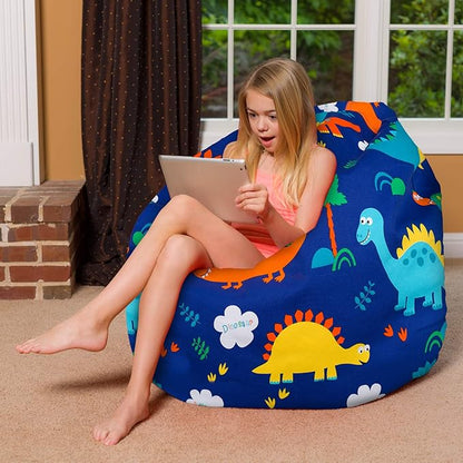 Posh Creations Bean Bag Chair for Kids, Teens, and Adults Includes Removable and Machine Washable Cover, Canvas Dinos on Blue, 48in - X-Large