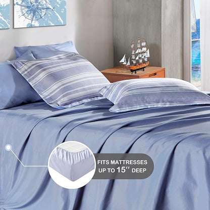 Queen Size Comforter Sets with Sheets, Modern Blue and White Striped Bed in a Bag, 7-Piece Complete Bedding Set Including Reversible Comforter, 2 Sheets, Pillowcases & Shams