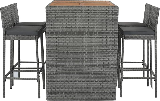 Outdoor Dining Set for 4, Rattan Patio Table with Acacia TableTop, Bar-Height Chairs, Fixed Rope, Removable Cushion, Garden Furniture, Onesize, Brown Wood+Gray Wicker