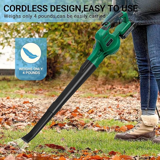 20V Cordless Leaf Blower with Battery and Charger, Leaf Blower Battery Operated, Rechargeable Electric Handheld Leaf Blower Variable Speed with 2 Tubes for Patio, Leaves Blowing-Green