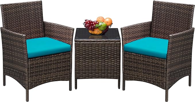 Greesum 3 Pieces Patio Furniture Sets Outdoor PE Rattan Wicker Chairs with Soft Cushion and Glass Coffee Table for Garden Backyard Porch Poolside, Brown and Blue