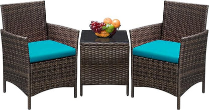 Greesum 3 Pieces Patio Furniture Sets Outdoor PE Rattan Wicker Chairs with Soft Cushion and Glass Coffee Table for Garden Backyard Porch Poolside, Brown and Blue