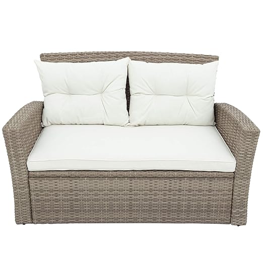 Set, 4 Piece Outdoor Wicker Rattan Sectional Sofa with Glass Table, Ottoman and Soft Cushions, Front Porch Apartment Patio Furniture for Backyard Lawn Garden, E-Beige b