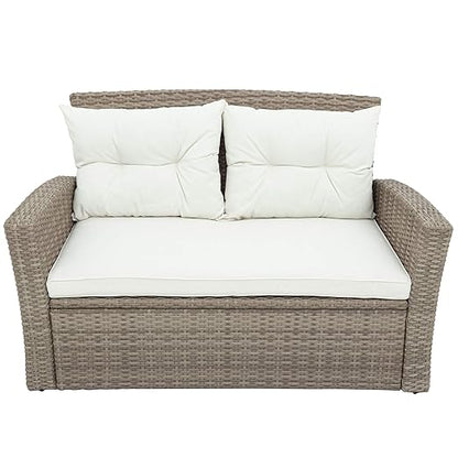 Set, 4 Piece Outdoor Wicker Rattan Sectional Sofa with Glass Table, Ottoman and Soft Cushions, Front Porch Apartment Patio Furniture for Backyard Lawn Garden, E-Beige b
