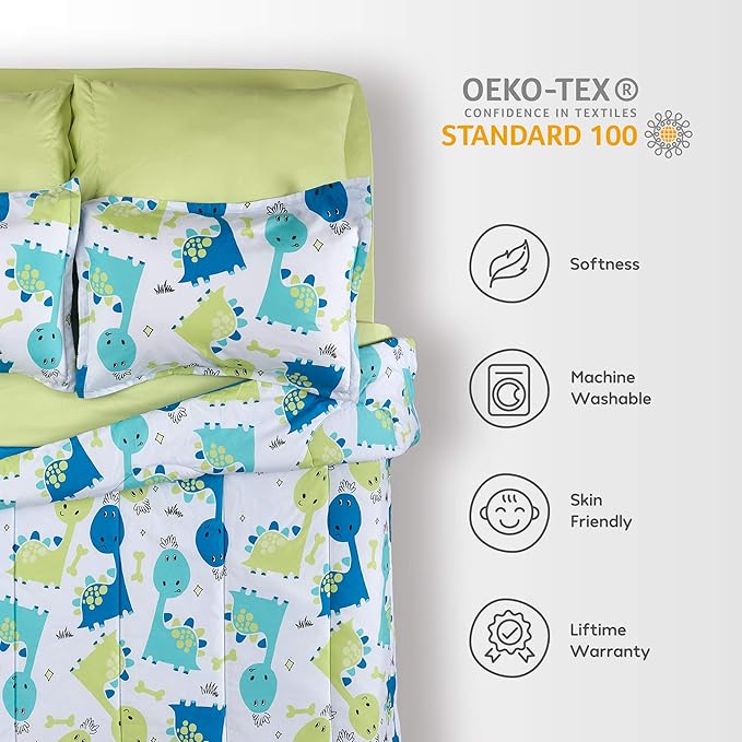 SLEEP ZONE Kids Bedding Comforter Set Full/Queen Size - Super Cute & Soft Kids Bedding 7 Pieces Set with Comforter, Sheet, Pillowcase & Sham (Cute Dino)