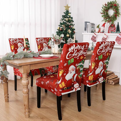U'Artlines Christmas Chair Covers Set of 6, Removable Washable Merry Christmas Dining Chair Seat Covers Stretch Protector Slipcovers for Dining Room Kitchen Holiday Party Decor, Santa Claus