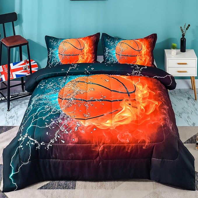 Andency Basketball Comforter Twin(66x90 Inch), 2 Pieces(1 Basketball Comforter, 1 Pillowcase) Sport Microfiber Basketball Comforter Set Bedding Set for Kids Boys Teens