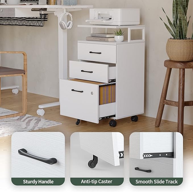 FEZIBO File Cabinet with Lock for Home Office, 3-Drawer Rolling Filing Cabinet, Home Office File Cabinet for A4/Letter/Legal Size, Printer Stand, Wooden Storage Cabinet, White