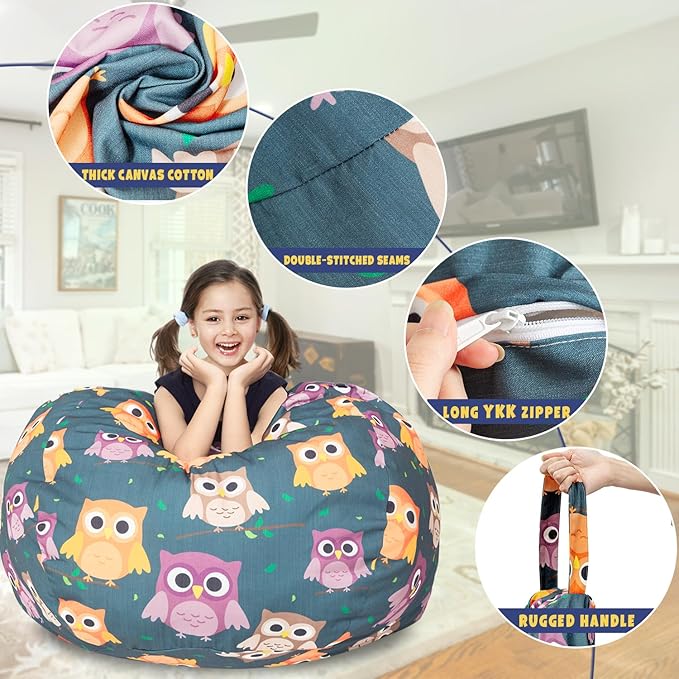 Stuffed Animal Storage Bean Bag Chair Cover, Hold Kids Plush Toys Blankets Towels Beanbag (Cover Only), Canvas Floor Circle Stuff Sit Seat Sofa with YKK Zipper, Extra Large 38", Owl