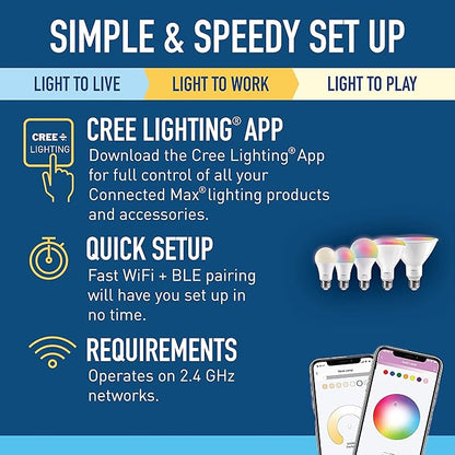 Cree Lighting Connected Max Smart Led Bulb Par38 Outdoor Flood Tunable White + Color Changing, 2.4 Ghz, Compatible with Alexa and Google Home, No Hub Required, Bluetooth + WiFi, Pack of 4