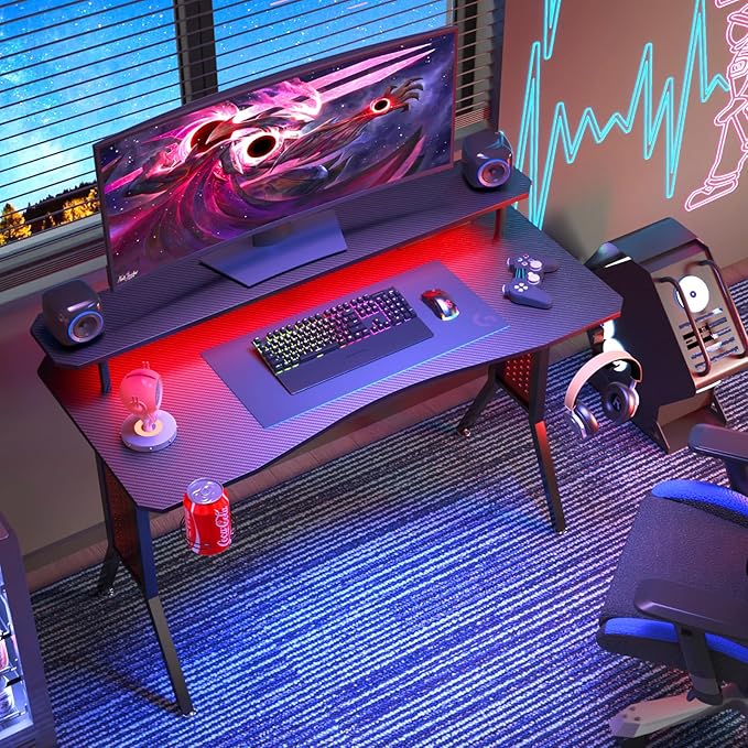 Gaming Desk with Power Outlets & LED Strip Lights,Computer Desk with Large Monitor Stand, Gamer Workstation with Stylish Metal Legs,Headphone Hook&Cup Holder for Home Office