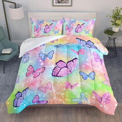 Datura home Bedding Comforter Set Rainbow Watercolor Butterfly Printed Pattern Quilt with 1 and 2 Pillowcases for Girls Bedroom All Season(Butterfly Queen) Queen 90x90inches