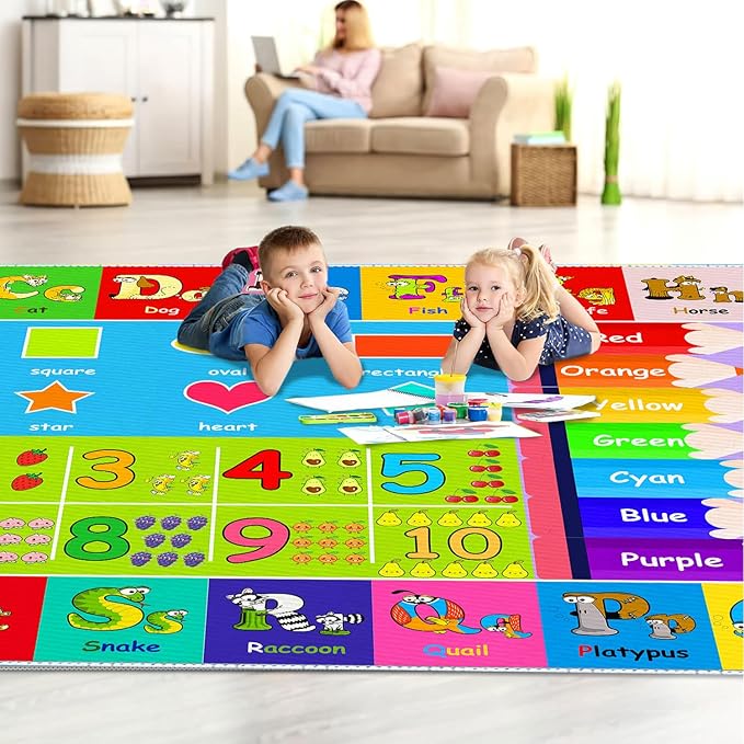 Kids Alphabet Play Game Rug - 7'x10' ABC Numbers and Shapes Educational Learning Toddler Carpet - Kids Room Playroom Classroom Kindergarten Activity Fun Soft Non-Slip Mat
