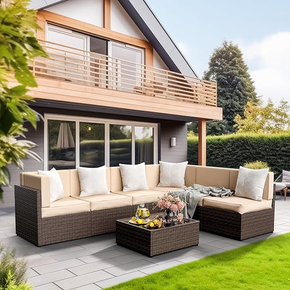 Pamapic 7 Piece Modular Outdoor Sectional, UV Protection Rattan Patio Sectional with Coffee Table, Adjustable Outdoor Couch with Removable Waterproof Cushions Covers(Brown Sugar)