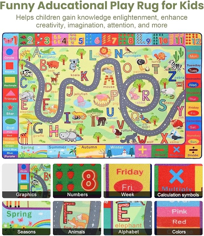Terrug Kids Rugs for Playroom, Educational Classroom Rug for Kids Room, Washable Nursery Rug Carpet Non Slip Playroom Rug Play Mat for Learning ABC Rug, Numbers, Animal, Colors, Season, 4X6 Feet