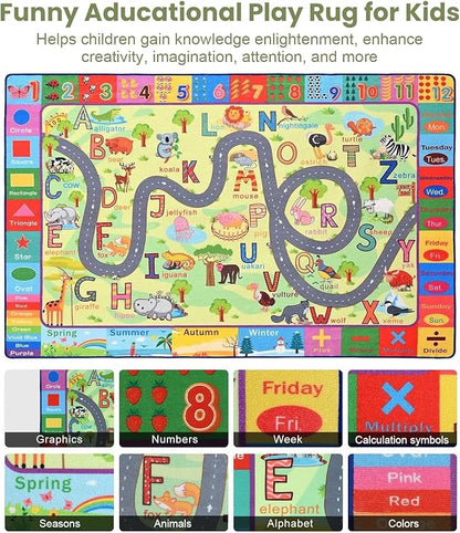 Terrug Kids Rugs for Playroom, Educational Classroom Rug for Kids Room, Washable Nursery Rug Carpet Non Slip Playroom Rug Play Mat for Learning ABC Rug, Numbers, Animal, Colors, Season, 4X6 Feet
