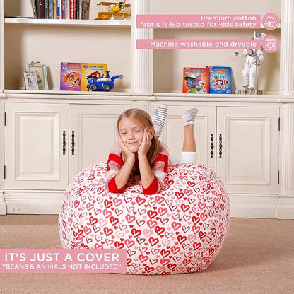 Aubliss Stuffed Animal Bean Bag Storage Chair, Beanbag Covers Only for Organizing Plush Toys, Turns into Bean Bag Seat for Kids When Filled, Medium 32"-Canvas Pattern Heart