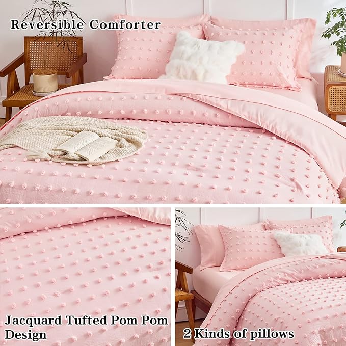 6 Pieces Tufted Dots Bed in a Bag Twin Comforter Set Girls Pink , Soft and Embroidery Shabby Chic Boho Bohemian Comforters, Luxury Solid Color with Pom Pom Design, Jacquard Tufts Bedding Set for Kids