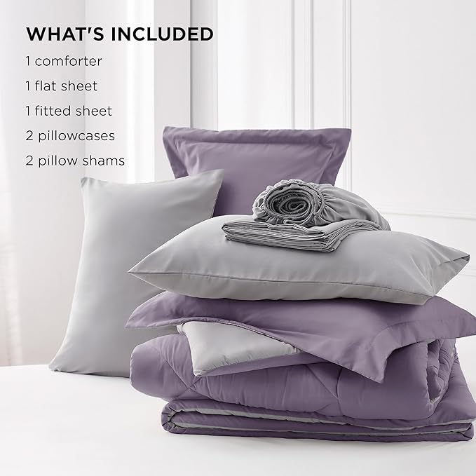 Bedsure Grayish Purple King Size Comforter Set - 7 Pieces Reversible King Bed in a Bag, King Bed Set Grayish Purple and Grey with Comforters, Sheets, Pillowcases & Shams