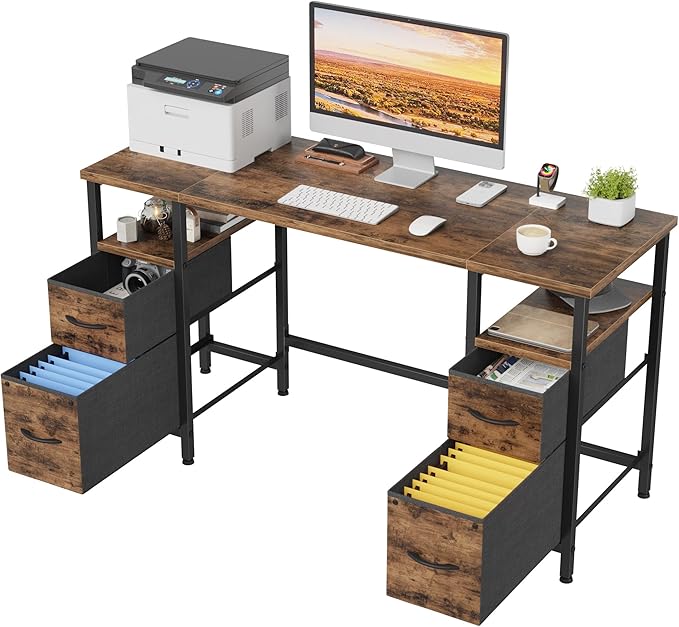 55'' Office Desk with 4 Fabric File Drawers - File Drawer Organization, Computer Work Desk, Study Writing Table, Home Office Workstation, Rustic Brown.